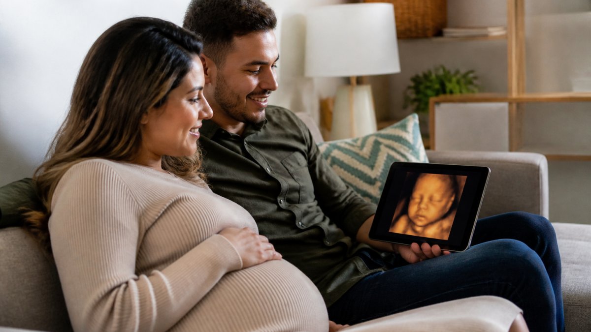 A pregnant woman and her partner sitting together on a comfortable couch in a softly lit living room, smiling as they watch an ultrasound screen showing a 3D image of their baby