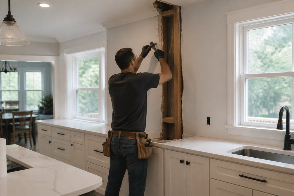 A contractor carefully removing a section of kitchen wall with precision tools while the rest of the kitchen remains clean, organized, and fully intact around them, under bright natural light from a nearby window