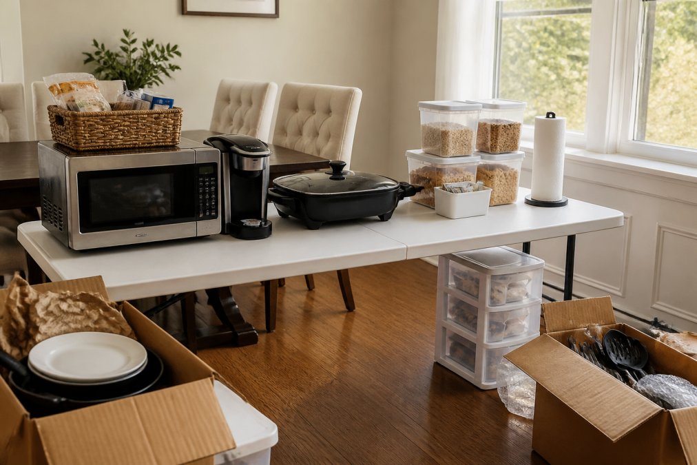 A tidy temporary kitchen setup in a bright dining room, featuring a folding table with a countertop microwave, electric skillet, small coffee maker, and neatly organized dry goods in labeled bins, with afternoon light coming through a nearby window