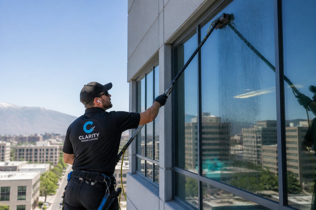 Professional technician using water-fed pole system on exterior of modern office building during daytime, with city skyline visible in background, demonstrating non-disruptive technique
