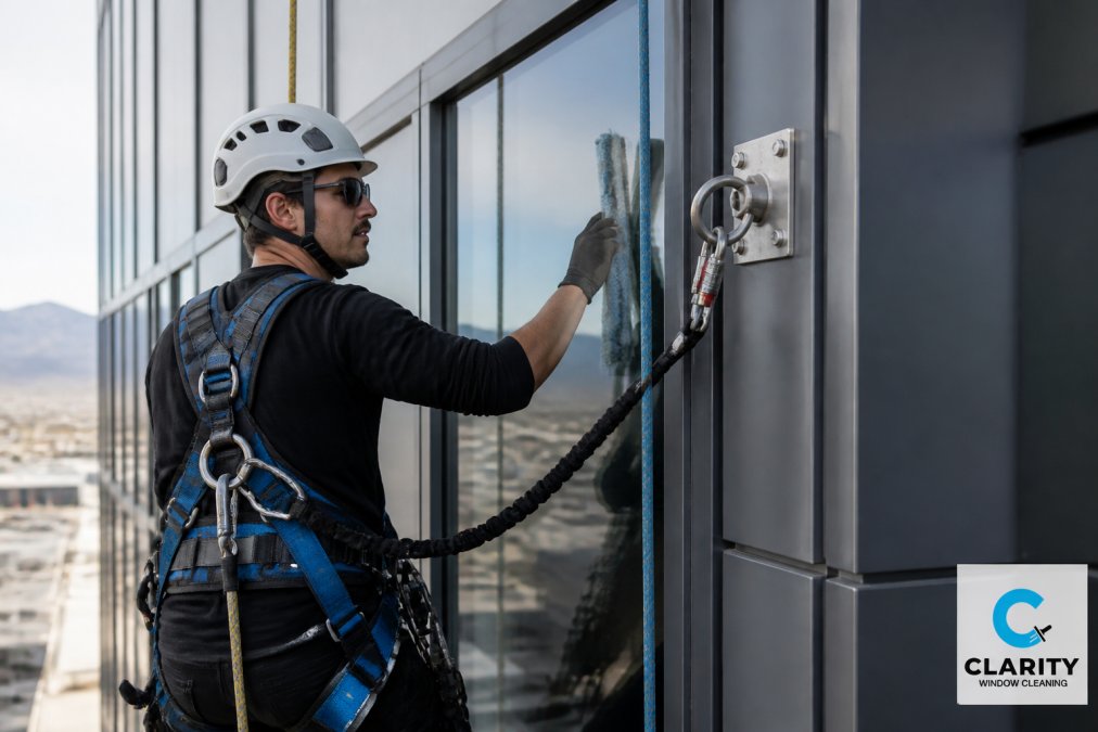 Certified technician wearing safety harness and fall protection equipment on high-rise building facade, demonstrating proper occupational safety compliance with secure anchor point visible