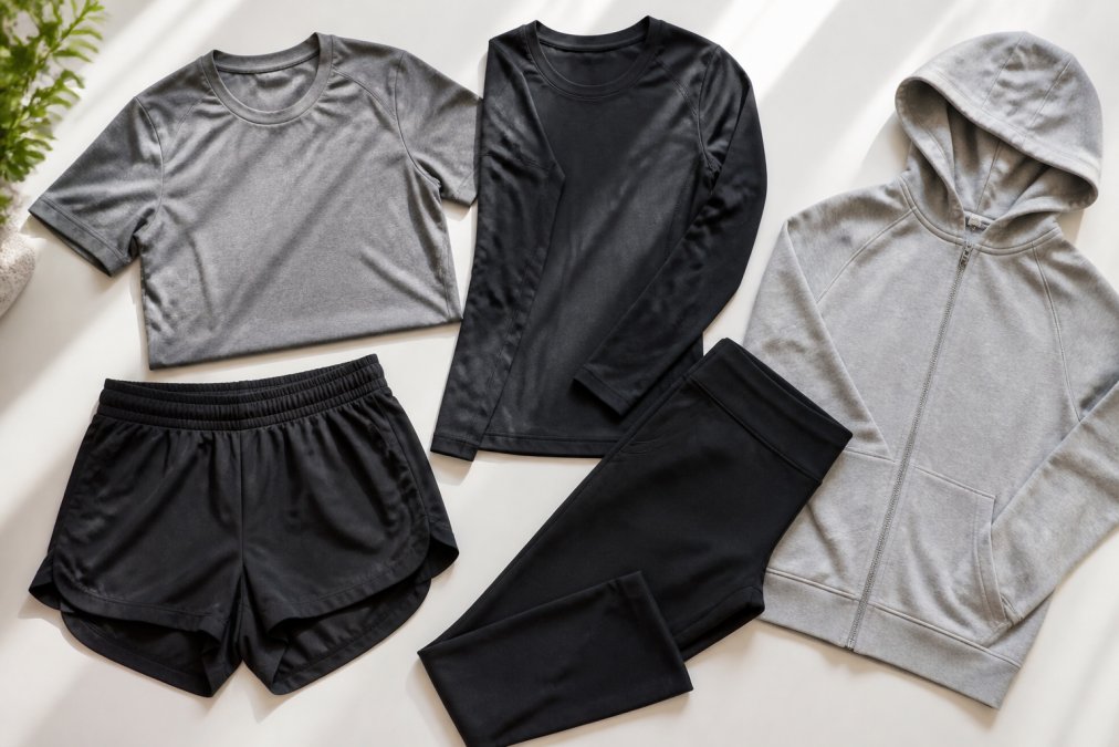 Flat-lay arrangement of minimalist gym essentials: neutral-colored t-shirt, shorts, full-length leggings, long-sleeve top, and zip-up hoodie arranged neatly on white background with natural lighting