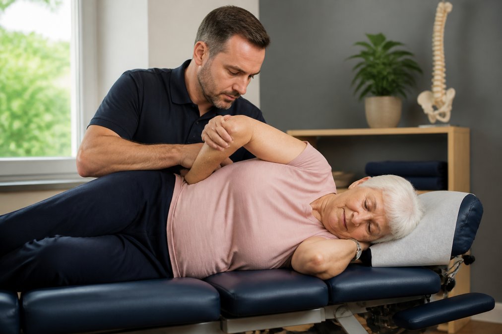 Professional demonstrating non-forceful chiropractic treatment for seniors technique in modern clinical setting with natural lighting