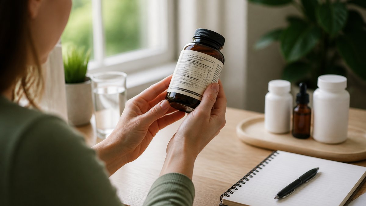 Woman's hands holding a supplement bottle, carefully examining the ingredient list and back label in natural daylight by a window