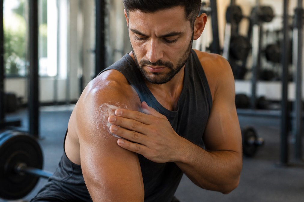Close-up of athlete's hands applying non-greasy CBD lotion to shoulder muscle after workout, product visibly absorbing into skin with natural gym lighting
