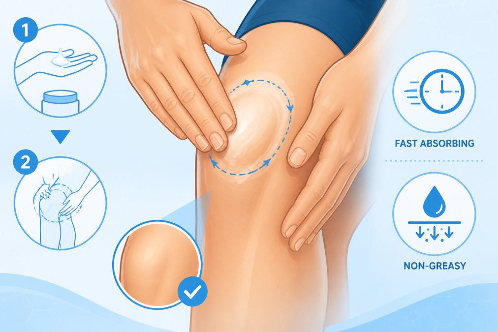 Close-up of hands applying smooth, non-greasy CBD lotion to knee area with gentle circular motions, showing quick absorption without visible residue on skin