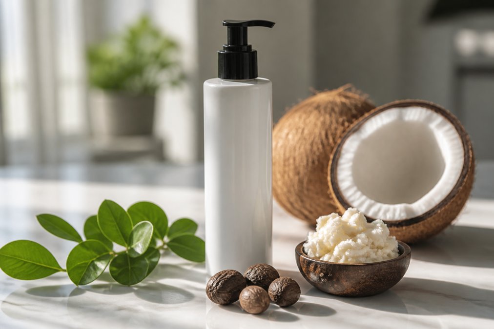 Premium CBD/CBC lotion bottle displayed with organic ingredients like coconut oil and shea butter arranged on minimalist white surface with natural diffused lighting