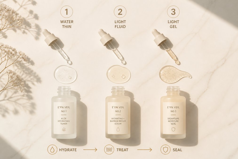 Flat lay of three serum bottles on marble surface with droppers showing different viscosities, morning sunlight casting shadows