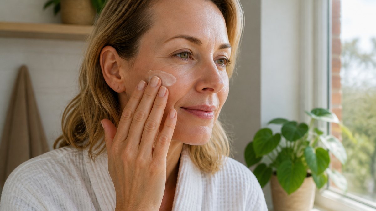 Woman in her mid-40s with mature skin applying a velvety whipped tallow balm to her cheek, showing the product sinking in quickly without leaving a greasy residue, natural morning light from a window