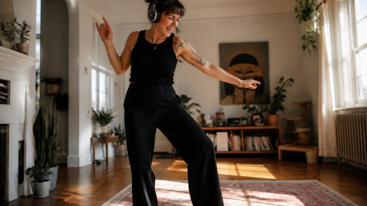 A woman in her 40s dancing alone in her living room with headphones on, furniture pushed aside, sunlight streaming through the window, looking genuinely happy and unselfconscious