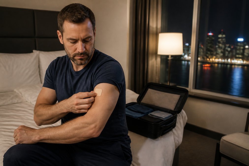 A business traveler in a hotel room applying a small discreet patch to their upper arm before bedtime, with a suitcase and city lights visible through the window