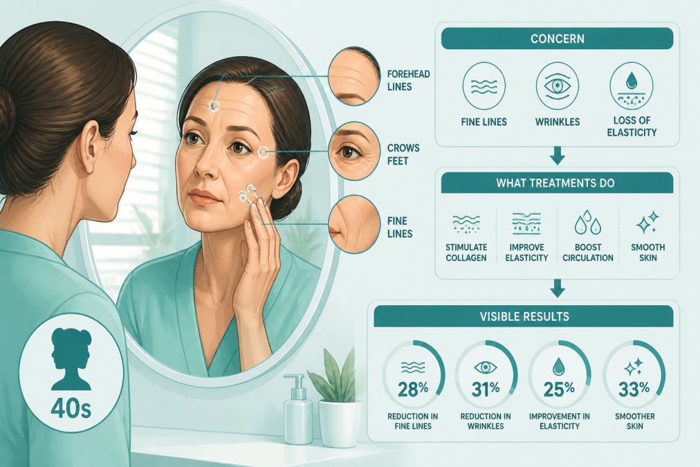 Woman in her 40s examining her face in a mirror, with visible fine lines and wrinkles around the eyes and forehead, showing interest and concern in skin rejuvenation options in natural morning light