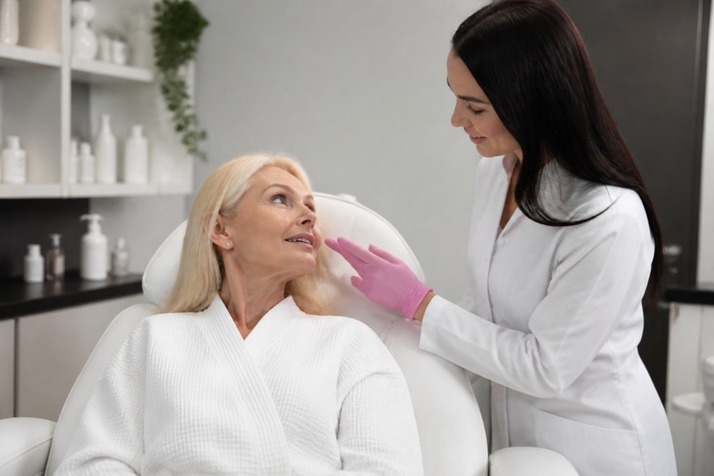 Mature woman in her 50s receiving a professional facial treatment consultation with a dermatologist in a modern medical spa setting with soft, clinical lighting