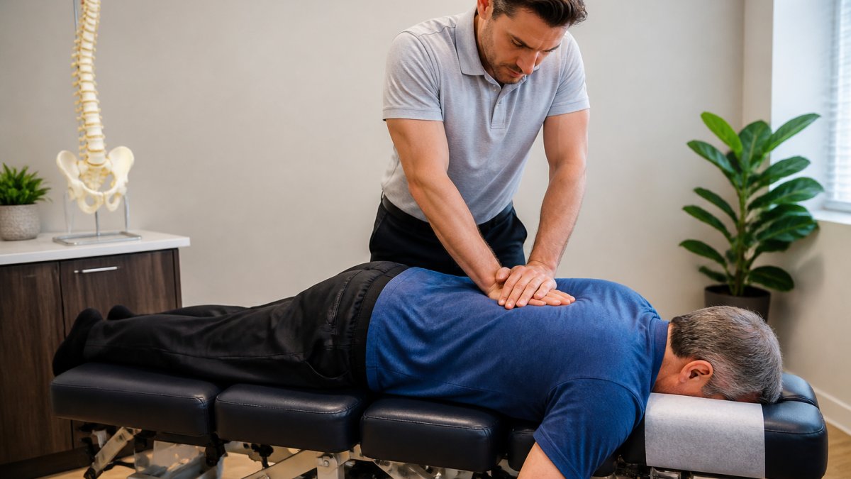 A licensed chiropractor performing a gentle spinal adjustment on a middle-aged patient lying face-down on a treatment table in a bright, clean clinic room, with an anatomical spine model visible on a nearby counter