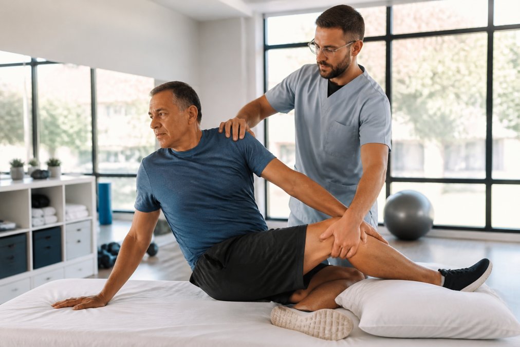 Physical therapist guiding a patient through therapeutic stretching exercises in a bright, modern clinical setting with large windows and natural light