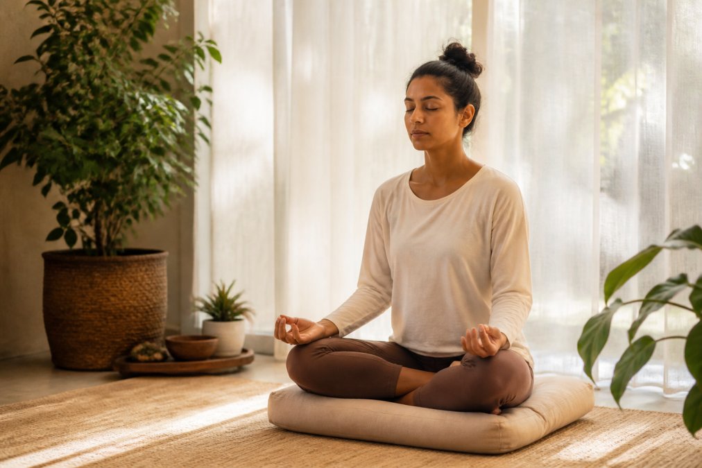 Person in a peaceful meditation pose sitting on a cushion in a serene room with soft natural light filtering through sheer curtains, surrounded by plants