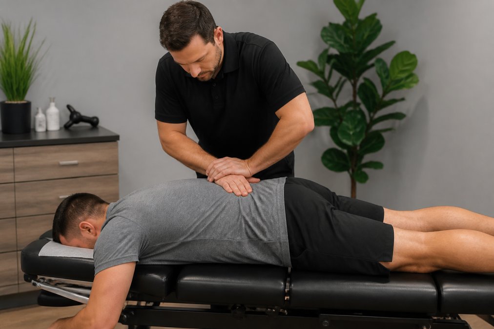 Chiropractor performing a gentle spinal adjustment on a patient lying face-down on a treatment table in a calm, well-lit clinical setting with soft overhead lighting