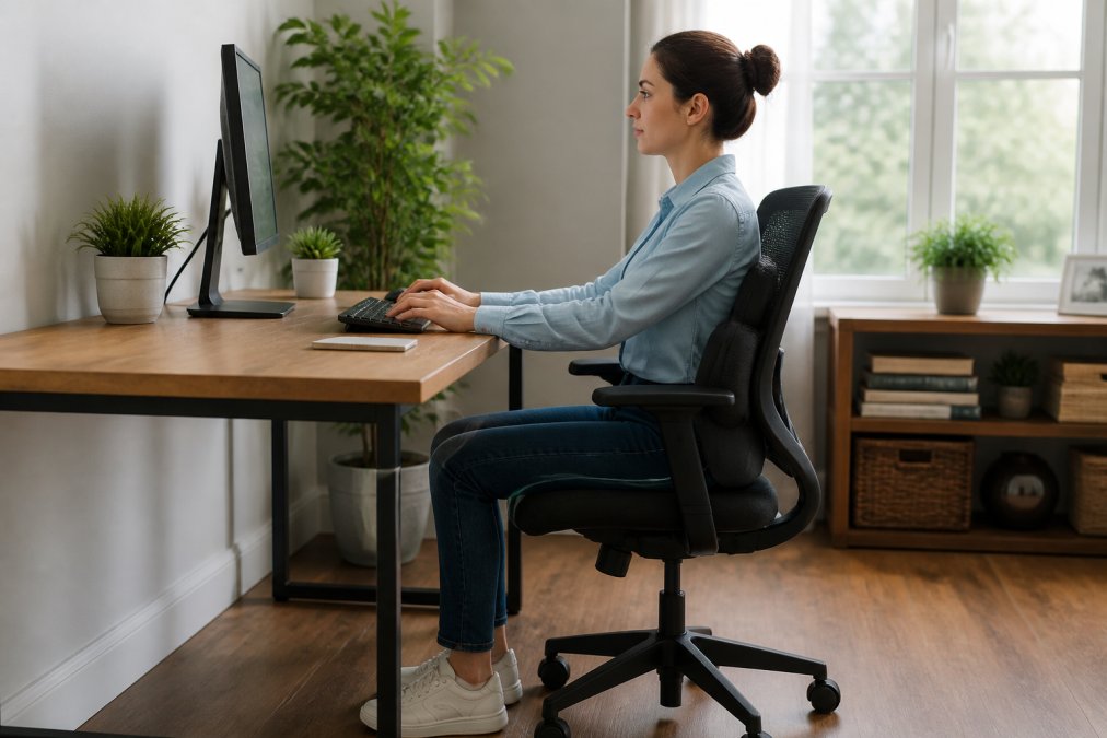 Person sitting at a desk with proper ergonomic posture, showing correct monitor height at eye level, chair supporting natural spine curve, feet flat on floor, and lumbar support pillow