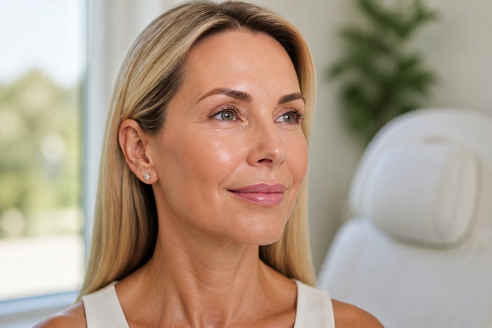 Woman's face showing smooth skin texture and natural facial contours demonstrating the results of non-invasive rejuvenation treatment in professional clinical lighting