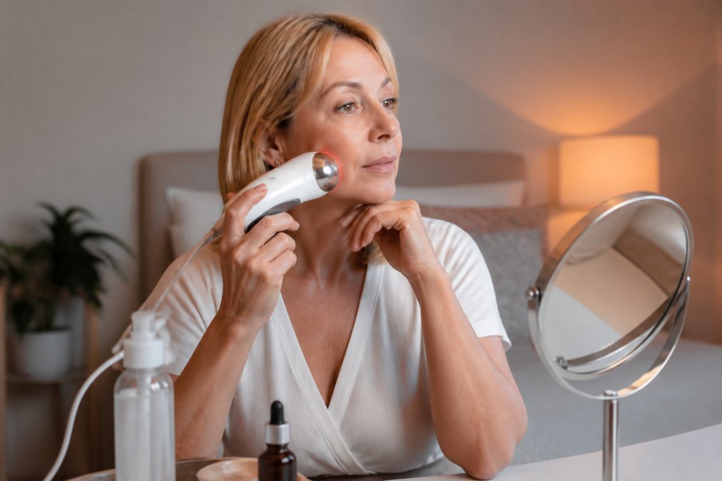 A woman in her late 40s applying a handheld RF skin tightening device to her cheek and jawline, seated at a well-lit vanity with a conductive gel bottle and serum nearby, warm ambient lighting