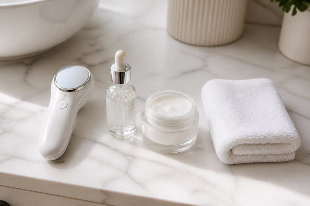 Close-up of a neatly organized skincare routine flatlay on a white marble surface: a handheld facial device, a glass serum bottle, a moisturizer jar, and a folded white facial towel arranged in order of use, soft natural light