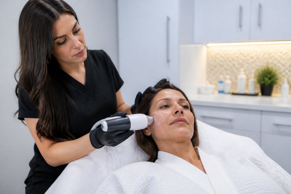 Licensed professional performing a non invasive skin tightening treatment on a patient in a modern medspa room