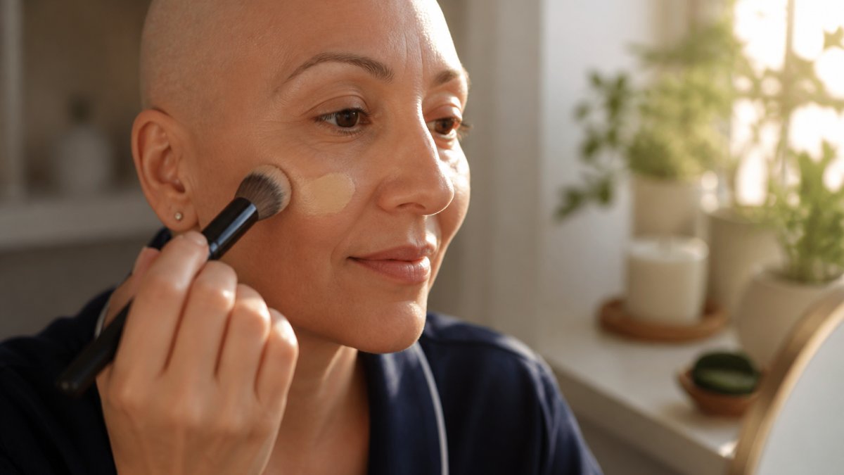 Step-by-step guide illustrating the gentle application of foundation using a soft brush on sensitive skin