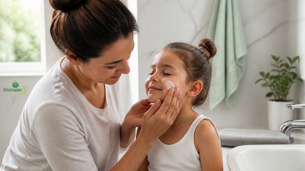 Parent applying fragrance-free moisturizer to child's face during morning skincare routine, showing gentle application technique with soft fingertips on clean skin in bright natural bathroom lighting