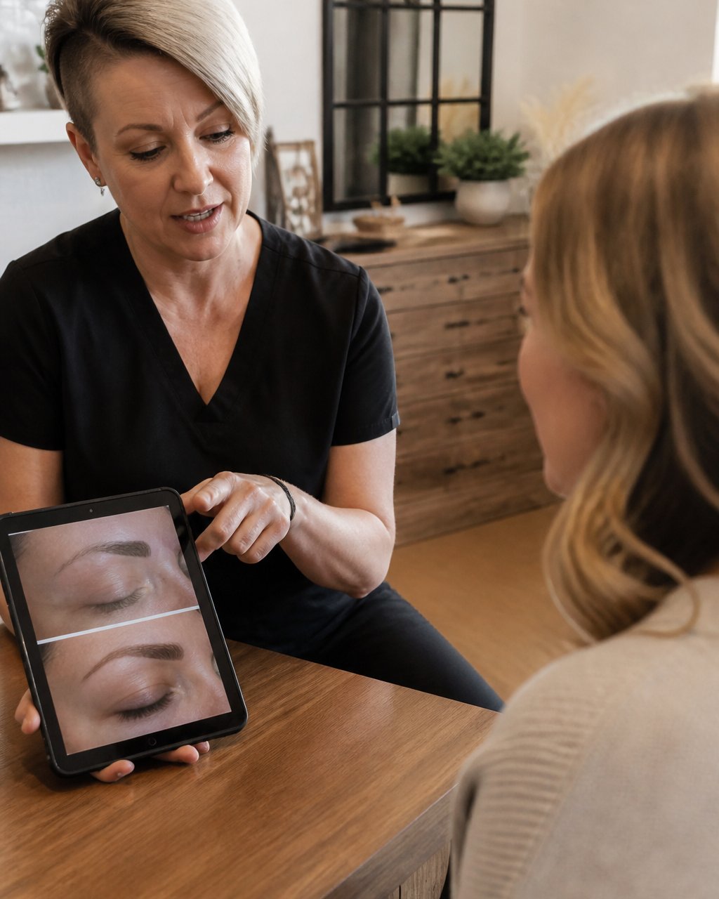 Permanent makeup artist consulting with client during eyebrow correction consultation, showing before-and-after reference photos on tablet in modern clinical setting with warm natural lighting