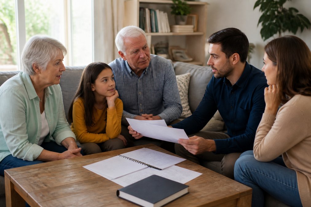 Multi-generational family sitting together in a comfortable living room with warm natural lighting, having a calm conversation with documents and a notebook on the table between them