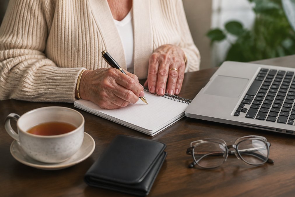 Older adult's hands writing in a notebook near a laptop, organizing personal information with a cup of tea nearby on a wooden desk