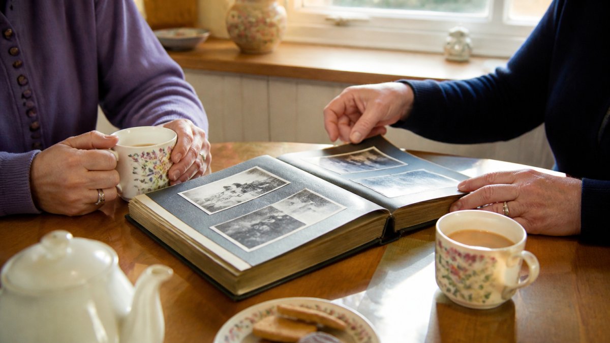 Two people sharing tea and looking through an old photo album at a kitchen table.