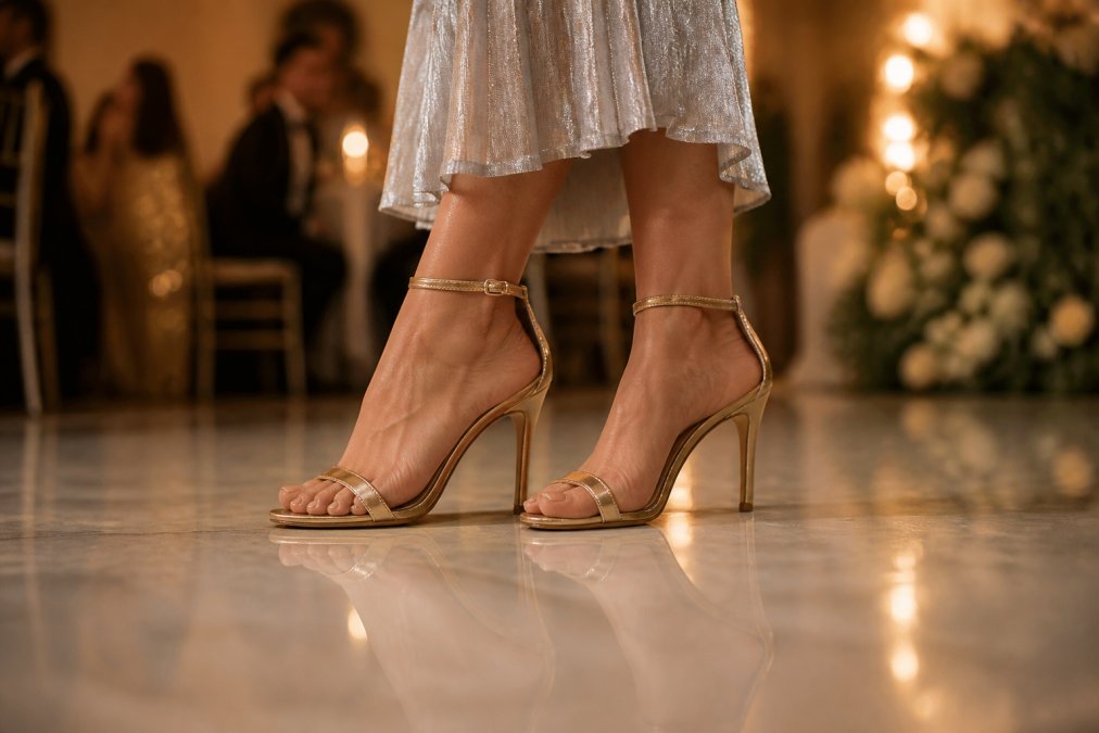 Woman's feet in elegant high heels at a formal event, showing comfort and confidence during extended wear with subtle detail of the shoe style and formal setting