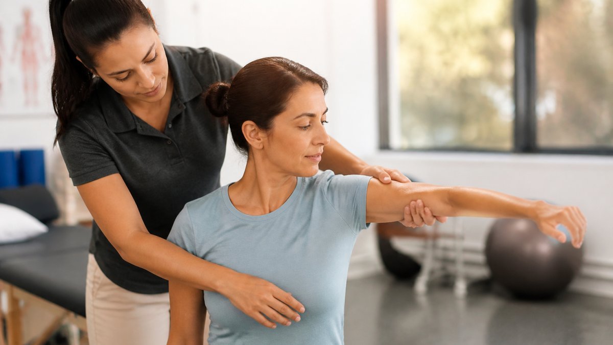 A physical therapist guiding a patient through a gentle shoulder mobility exercise in a bright clinic room, hands positioned to correct form