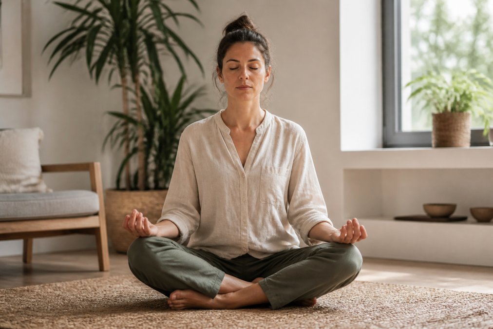 Person sitting cross-legged in a bright, minimalist home space with soft natural light from a window, eyes gently closed with a peaceful but attentive expression, shoulders relaxed