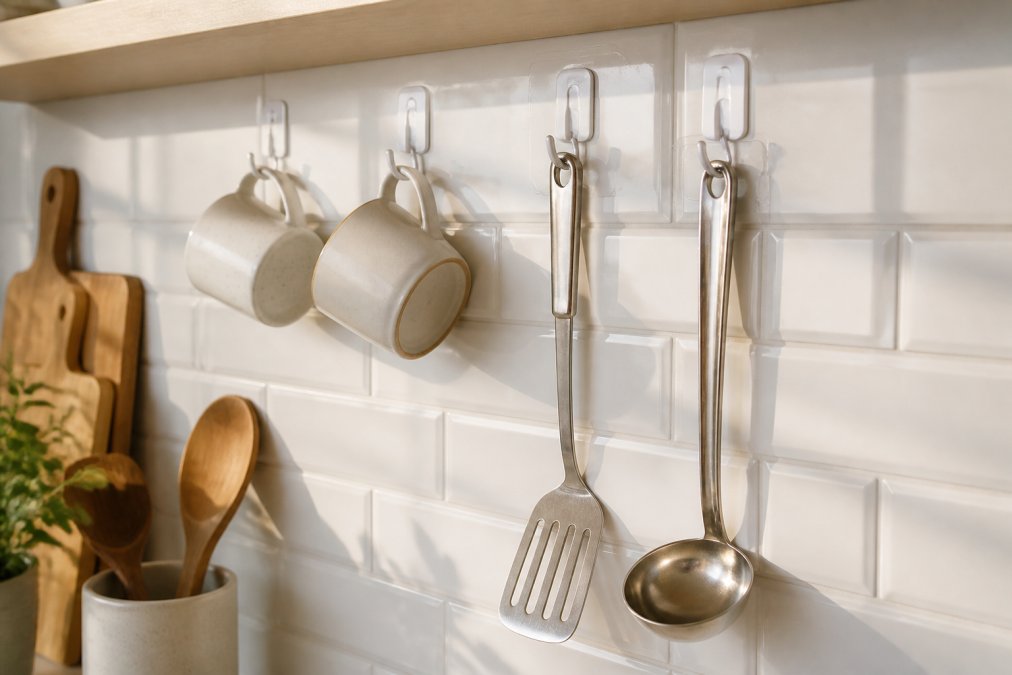 Close-up of white adhesive hooks and clear removable strips holding ceramic mugs and metal utensils on a white tiled kitchen backsplash, warm afternoon light casting soft shadows, no visible damage or residue on the tile