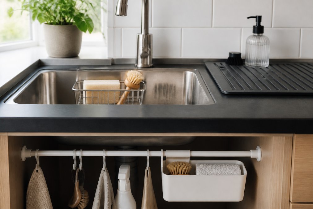 Minimalist sink area featuring non permanent kitchen storage with a tension rod, sponge caddy, and silicone mat.