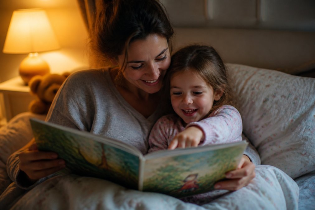 A parent and child cuddled together reading a colorful picture book at bedtime, warm lamp light, cozy blankets, child pointing at an illustration with a smile