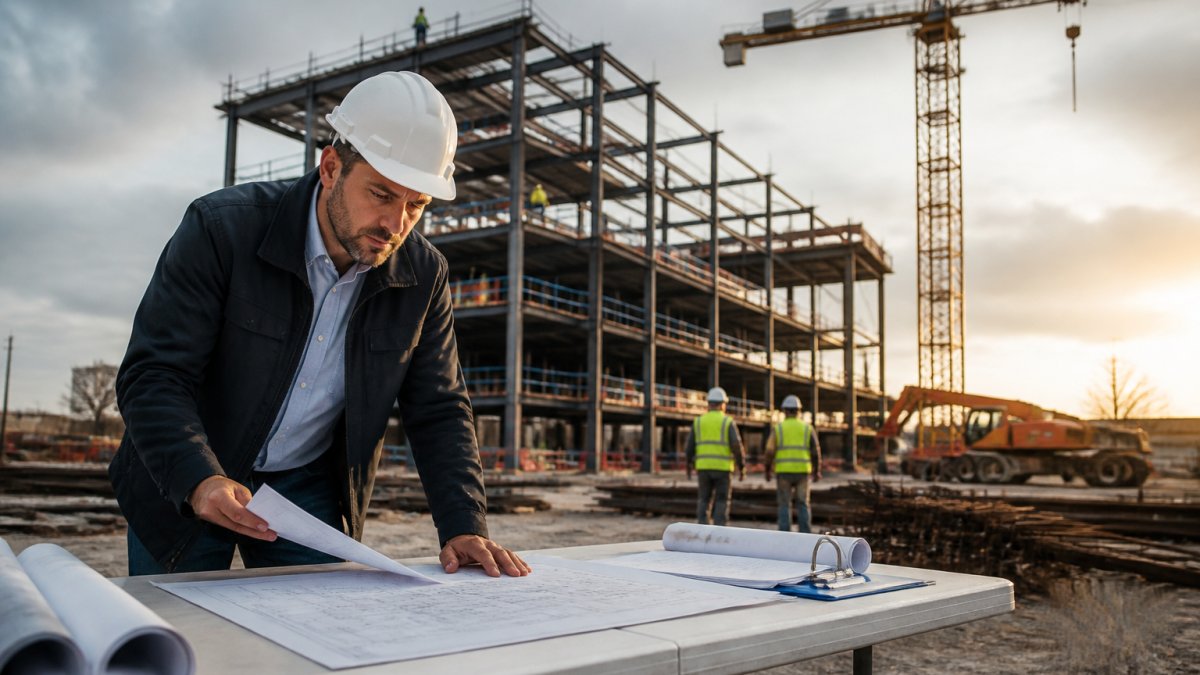 A commercial real estate developer in a hard hat reviewing construction blueprints and loan documents on a folding table at a job site, a tower crane rising behind a steel-framed building in late afternoon light