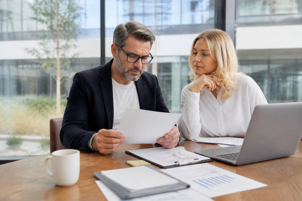 Professional real estate investor reviewing commercial property financing documents and loan terms at a modern desk with laptop and contract papers