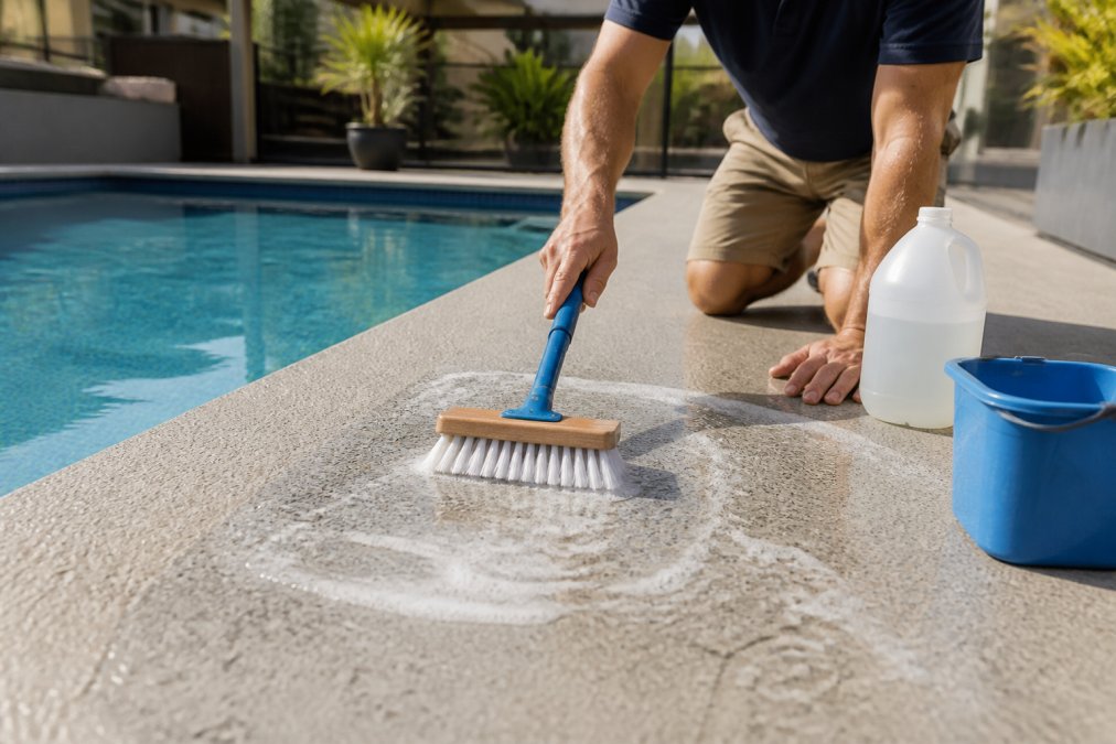 Person cleaning pool deck with soft-bristled brush and mild detergent solution, demonstrating proper maintenance technique on textured non-slip surface in daylight