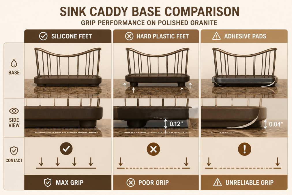 Side-by-side comparison of three sink caddy bases on polished granite, one with silicone feet (gripping firmly), one with hard plastic feet (showing visible gap indicating poor contact), and one with adhesive pads (partially lifting at edges)