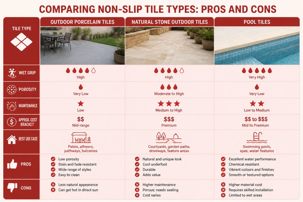 Comparison matrix of three outdoor tile families (outdoor porcelain tiles, natural stone outdoor tiles, pool tiles) with columns for wet grip, porosity, maintenance, approximate cost bracket and best use case, plus pros and cons rows for each
