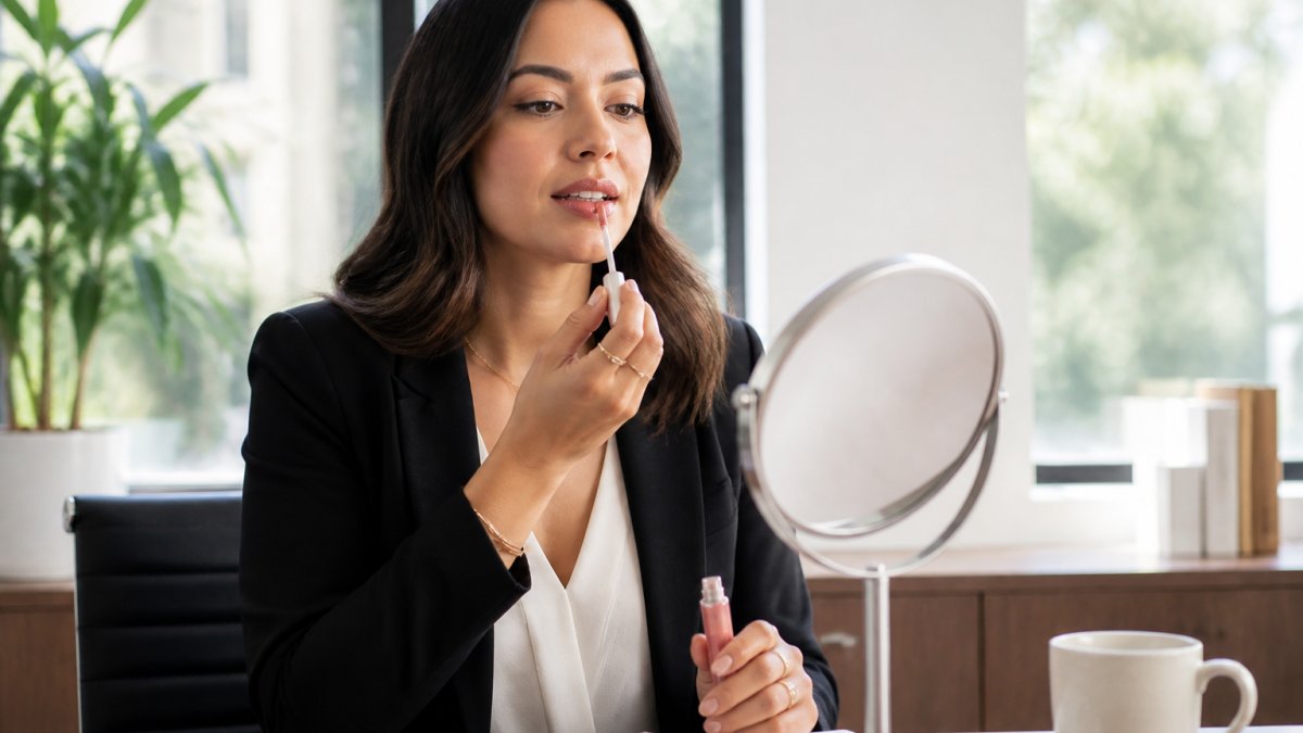 Professional woman in business attire applying non-sticky lip gloss at her desk with natural morning light, mirror nearby, showing proper application technique