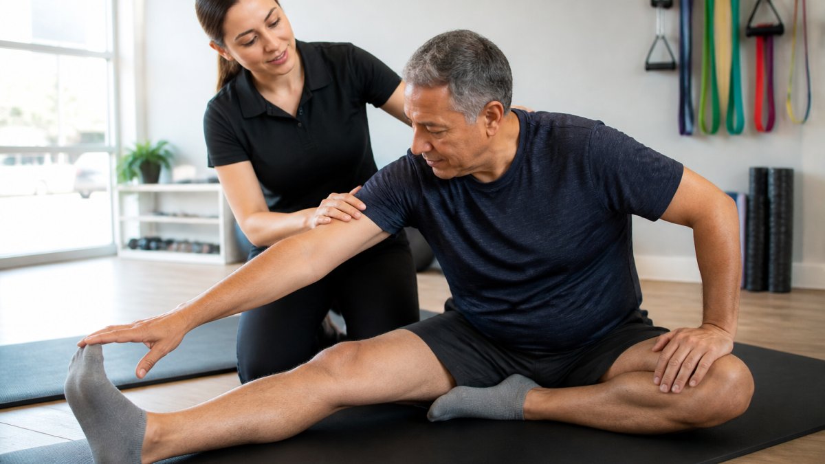 A physical therapist guiding a middle-aged patient through a gentle stretching exercise in a bright, modern clinic room with exercise mats and resistance bands visible