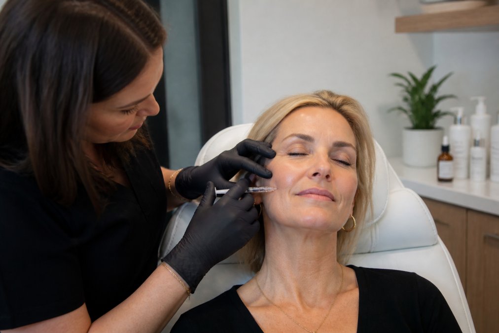 Woman in her 50s receiving a dermal filler injection at a medical aesthetic clinic, with calm professional setting, soft lighting, and skincare products visible on nearby counter
