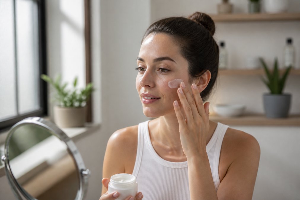 Person gently applying moisturizer and broad-spectrum sunscreen to face as part of post-treatment skincare routine, with natural soft lighting and minimal makeup visible