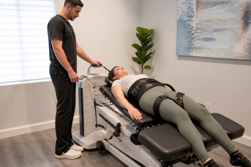 A licensed clinician performing spinal decompression therapy on a patient lying face-up on a motorized treatment table in a clean, brightly lit medical office, with the clinician adjusting equipment settings