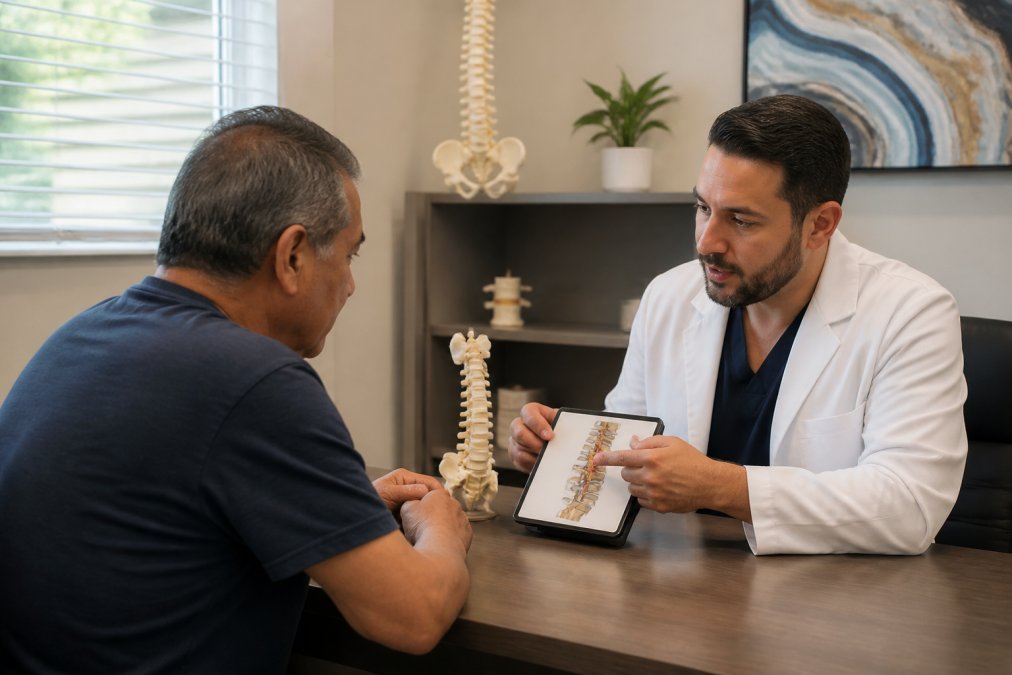 A doctor and patient sitting across from each other at a clean consultation desk, reviewing a spine health treatment plan displayed on a tablet, in a modern clinic room with soft overhead lighting and anatomical spine models visible on the shelf