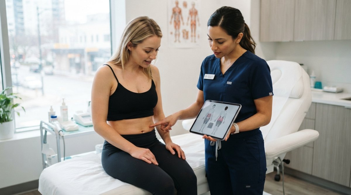 Medical professional in modern clinical setting demonstrating body contouring treatment areas on female patient using tablet showing treatment zones, natural window lighting